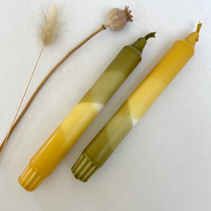 Olive Green and Mustard Yellow Dip Dyed Dinner Candles for wholesale by The Singing Rabbit