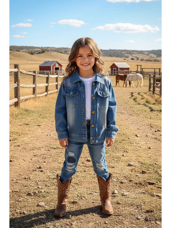 luluclothes - Wholesale Denim Jacket - Kids - DLH2551 Wash denim blue w/fringe & pocket girls denim jacket