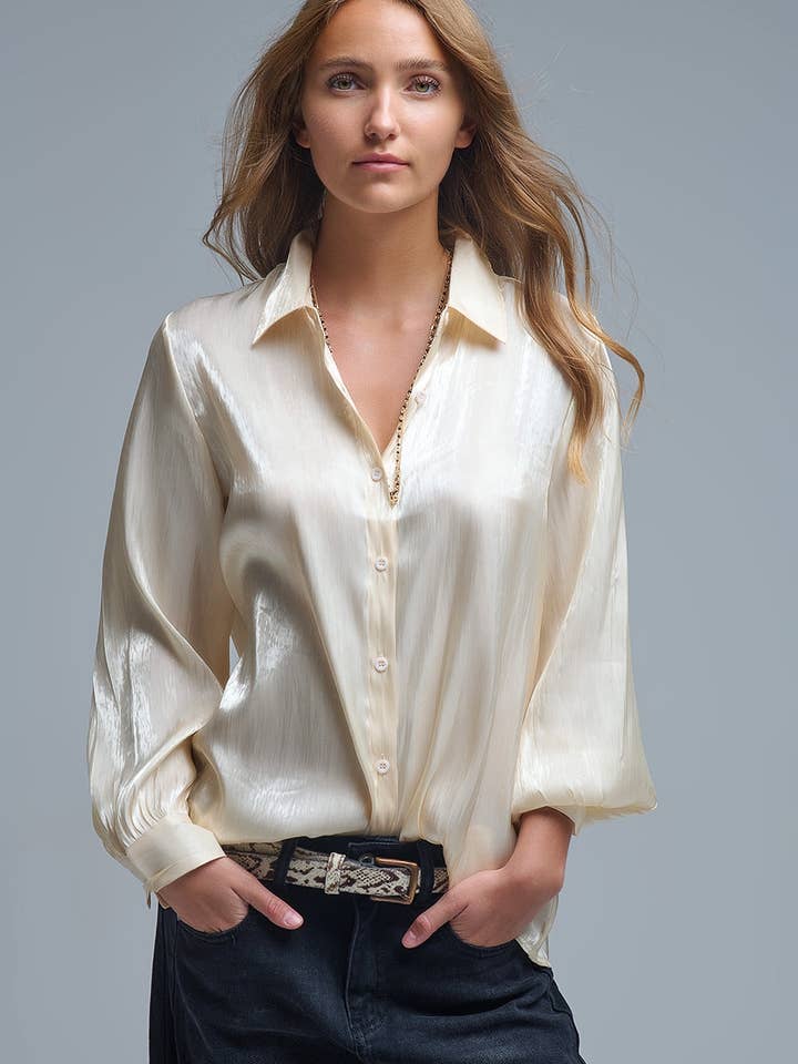 Elegant Light Beige Shirt in Satin Silk for wholesale by Q2—All Orders:Free Duties for the US,UK,and Canada