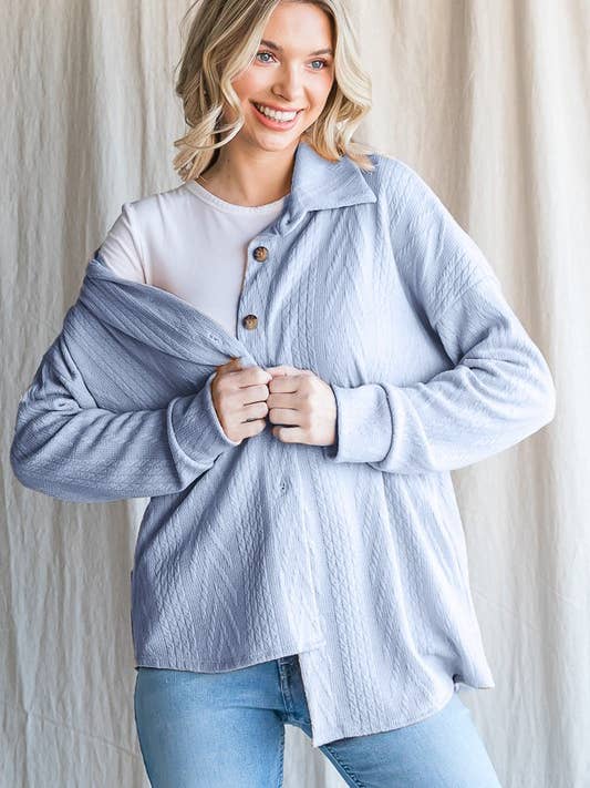 LONG SLEEVE BUTTON DOWN CABLE KNIT SHACKET for wholesale by Pink Irene Wholesale