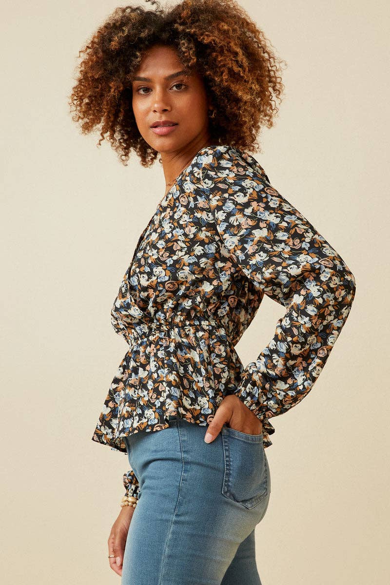 Black Womens Ditsy Floral Surplice Long Sleeve Chiffon Peplum for wholesale on Faire1
