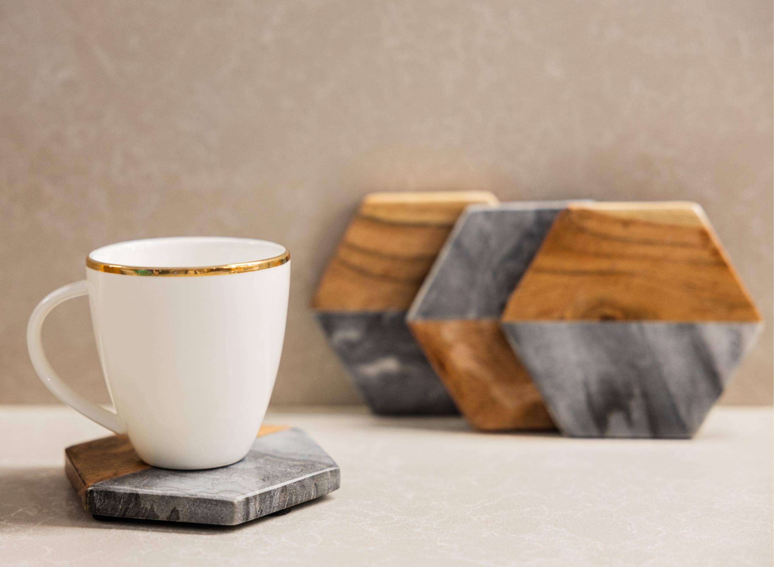 LuxeDesigns Co LLC - Wholesale Coasters - Artisan Marble and Wood Hexagon Coaster Set of 4 - Black