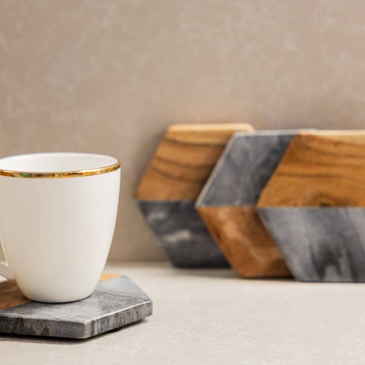 Artisan Marble and Wood Hexagon Coaster Set of 4 - Black for wholesale by LuxeDesigns Co LLC