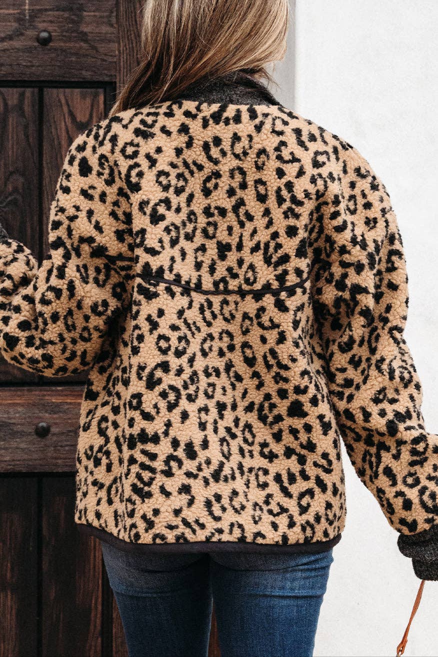 Khaki Leopard Zip-Up Side Pocket Jacket for wholesale on Faire1
