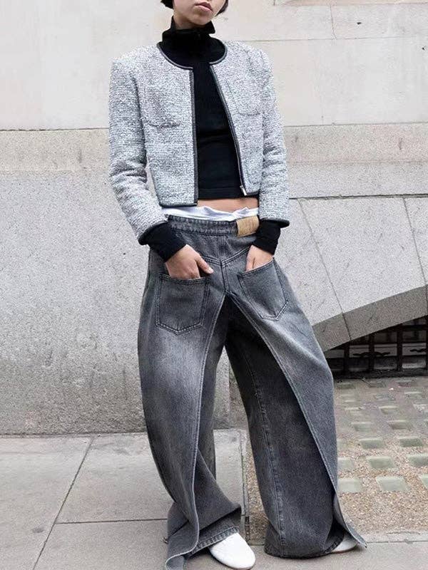 Sheer Trend - Wholesale Jeans - Women's - False Two Wide Leg Pockets Reversible Jean Pants Bottoms3