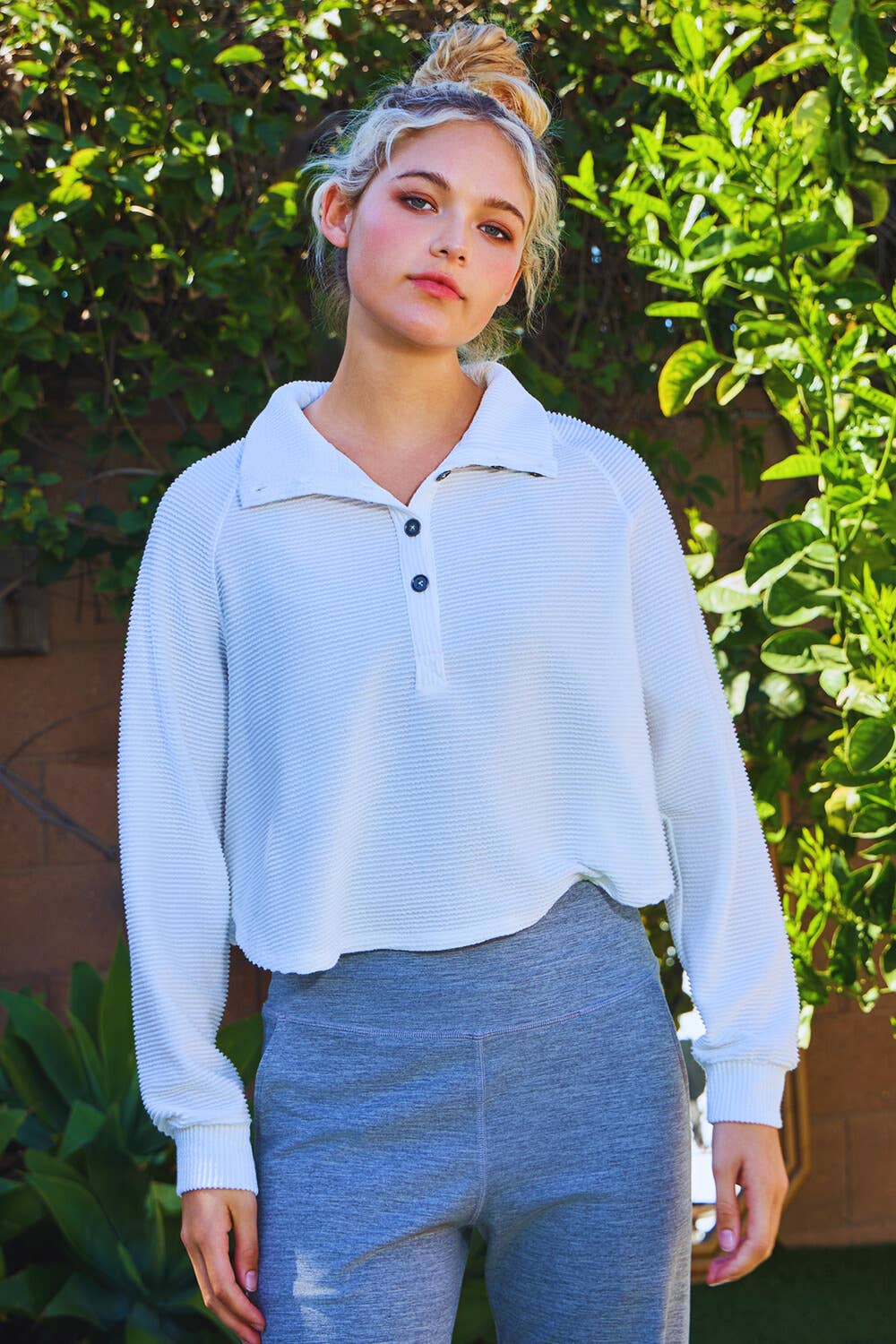 BUCKETLIST INC - Wholesale Knit Top - Women's - T2597 Textured Solid Button Closure High Neck Top0