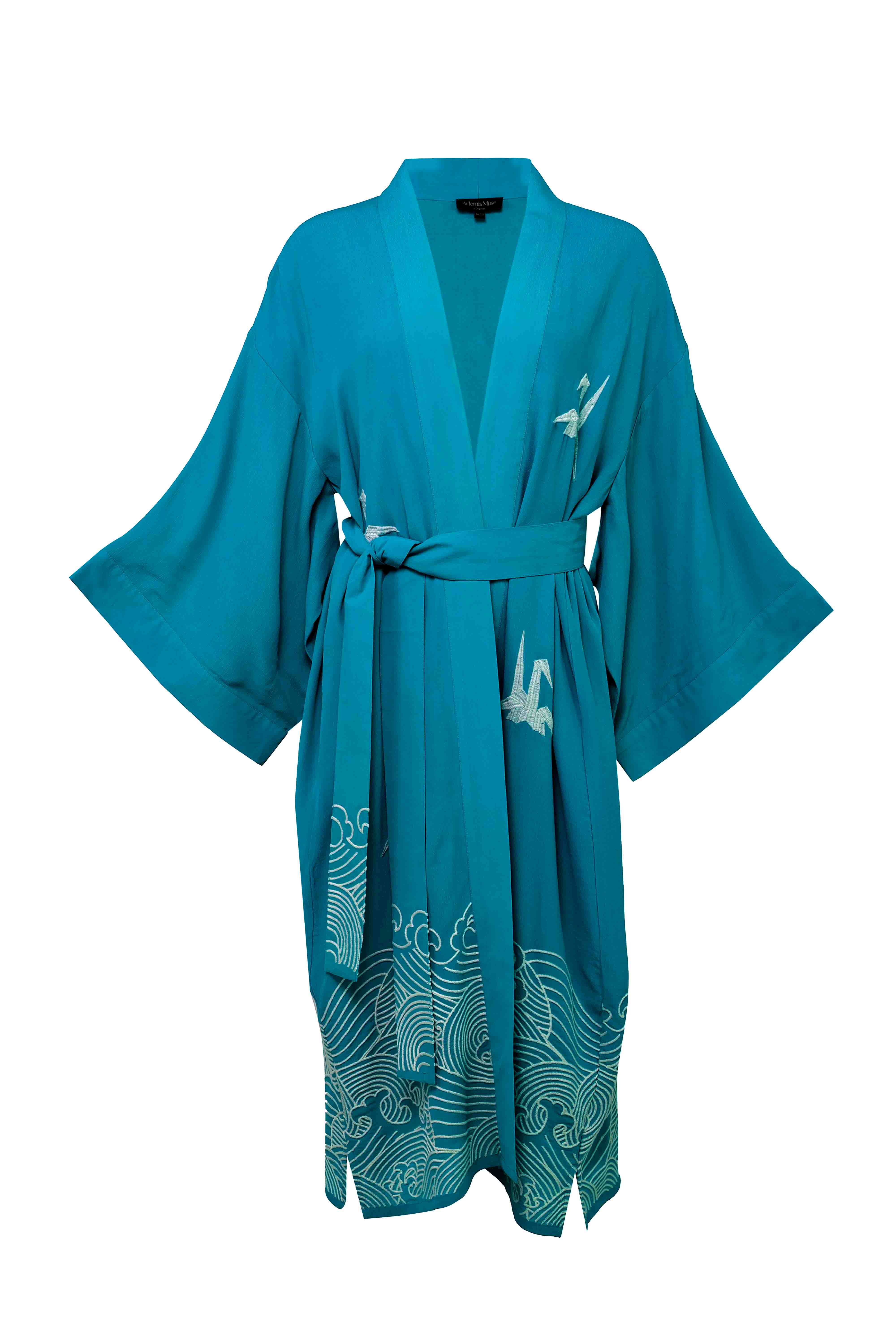 Artemis Muse – wholesale Kimono – Women's – Origami & Hokusai Wave Embroidered Fully Lined Deep Teal Long Kimono11