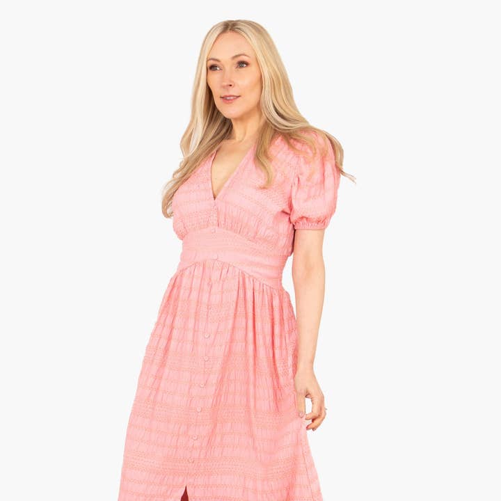 Oliva Button Front Midi Tea Dress - Coral, Asymmetric Stripe for wholesale by Sarta