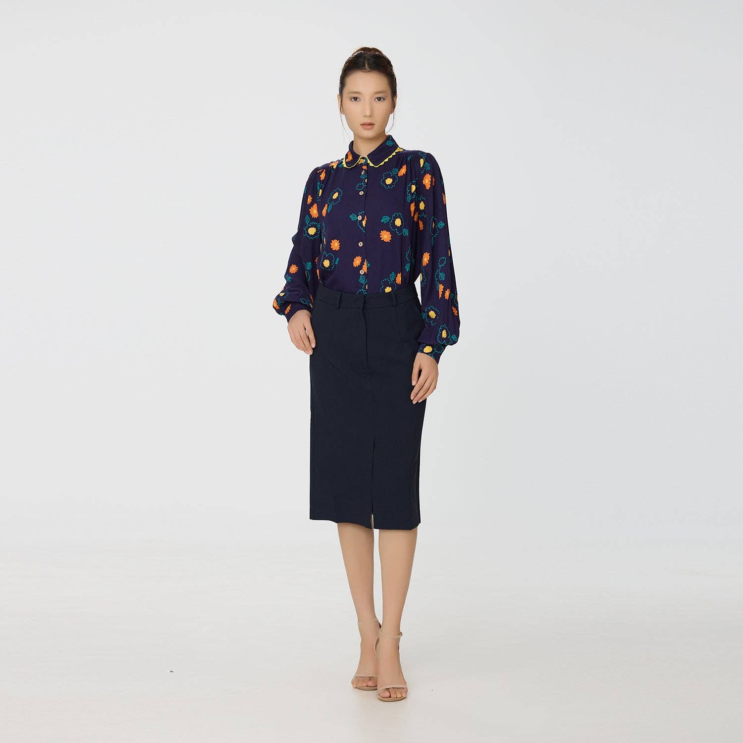 Navy Blue Abstract floral print shirt with contrasting trim for wholesale on Faire1