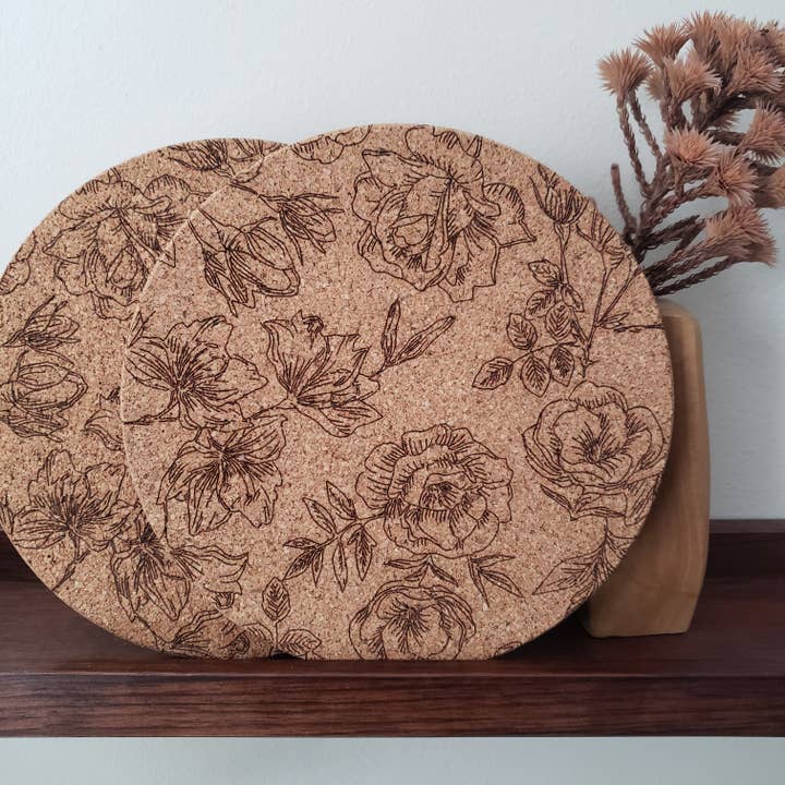 Rose and Peddle - Wholesale Trivet - Floral Laser Engraved Cork Trivet2