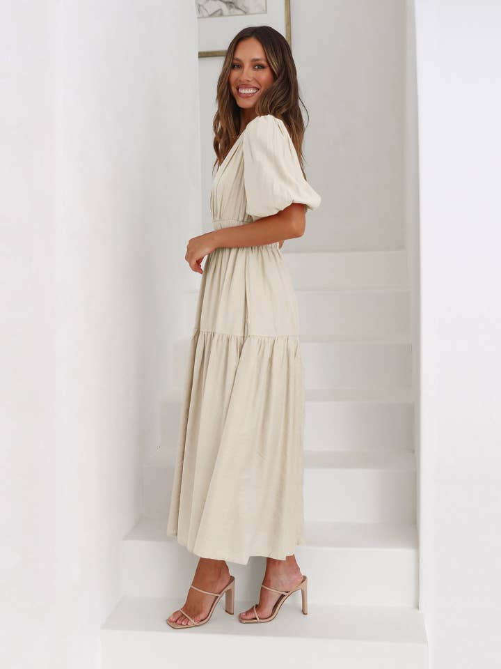 Sweetkama - Wholesale Dress - Women's - Ladies Bubble Sleeves V-Neck Daily Midi Dress GQRM
