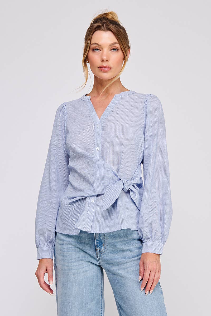 Allie Rose – Engroshandel Bluse - Dame – Stribet bomuldsblanding sideomslags-bluse med knaplukning8