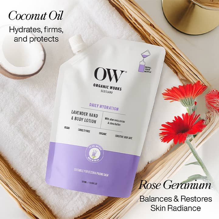 Organic Works – wholesale Hand & body lotion – Lavender Hand & Body Lotion - 500ml Made in Uk5