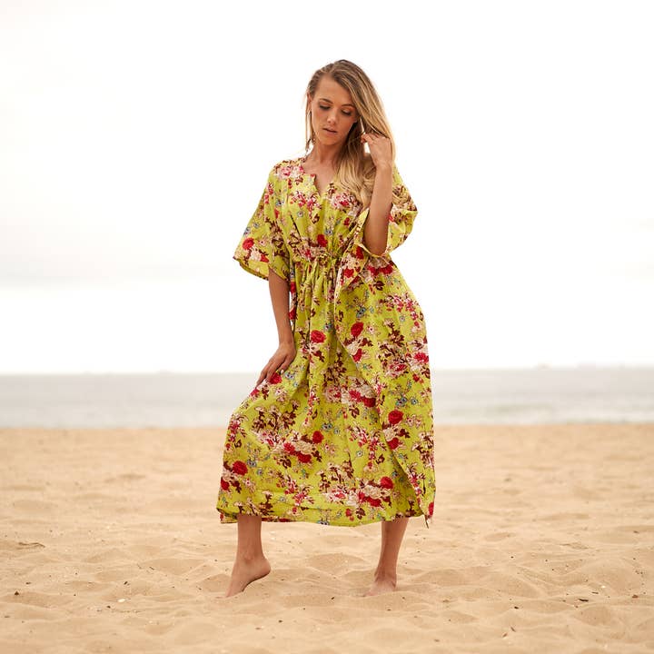 Cotton Kaftan Kimono Caftan Summer Dress Green Floral for wholesale by Linen Connections