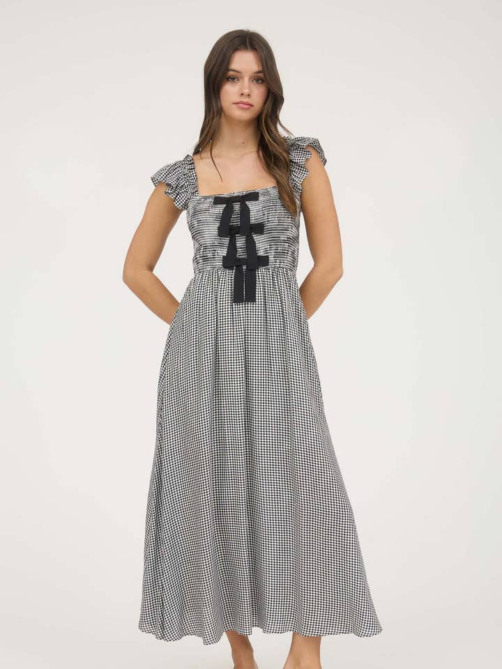 Blu Pepper - Wholesale Dress - Women's - PLAID SMOCKED FRONT BOW DETAIL MIDI DRESS6