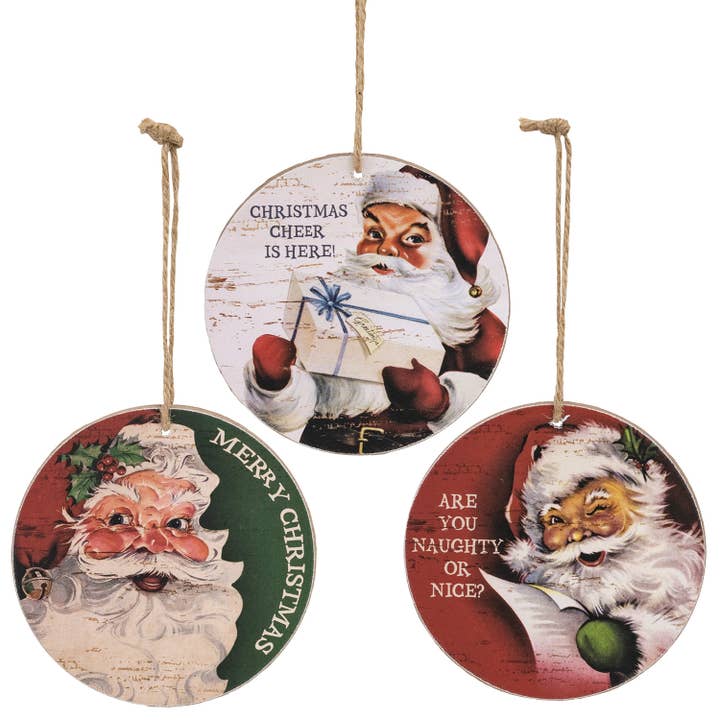 The Hearthside Collection - Wholesale Ornament - Vintage Santa Cheer Round Ornament - 3 Asstd.