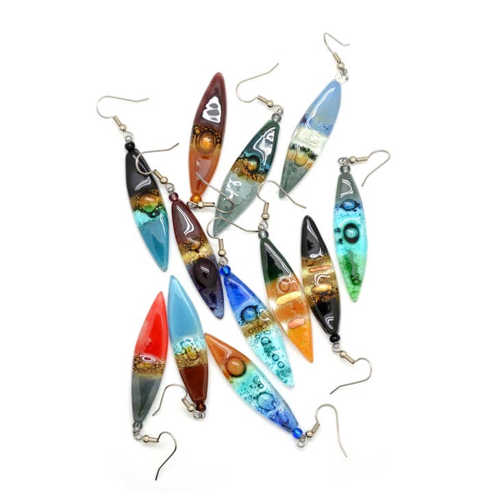 Long Glass Almond Shaped Dangle Earrings - Handmade for wholesale by Dunitz & Company