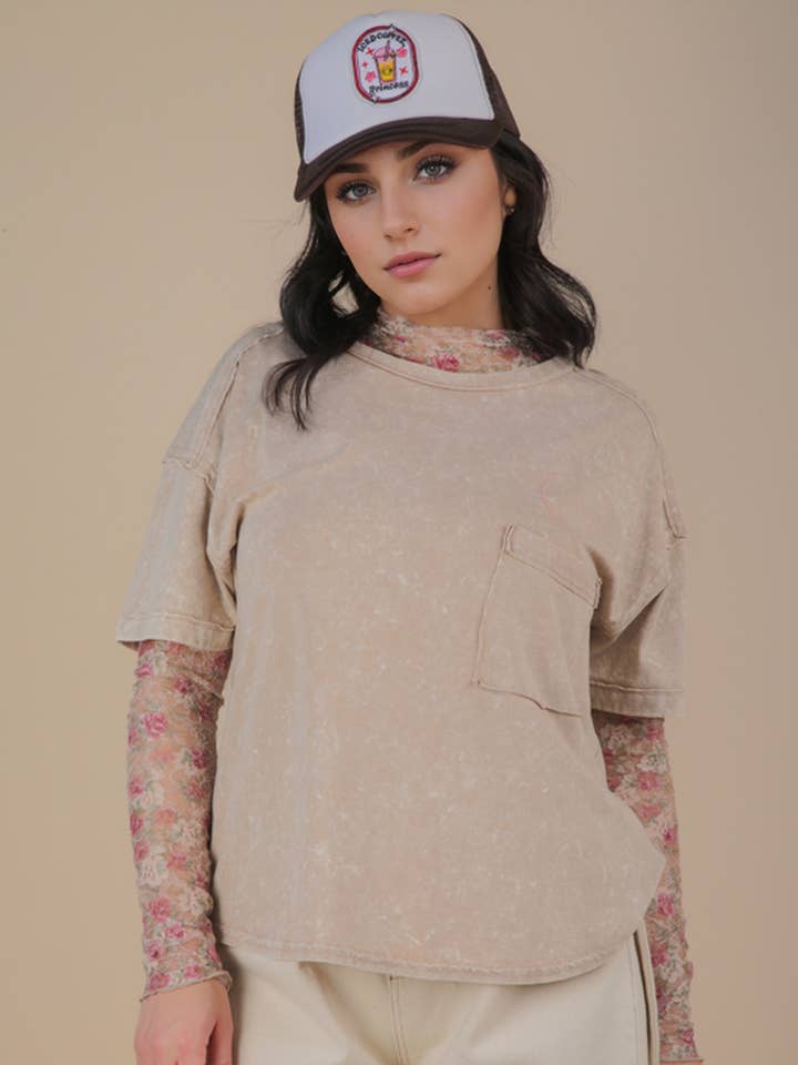 VERY J - Wholesale Knit Top - Women's - NT11108-Mineral Washed Knit Top with Pocket