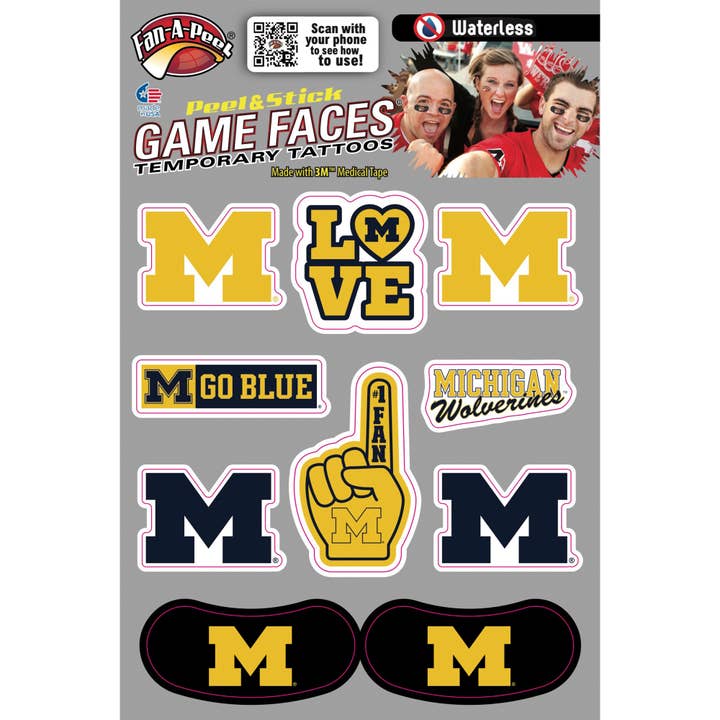 Tatouages temporaires Michigan Game Faces® pour la vente par Fanapeel / Gamefaces