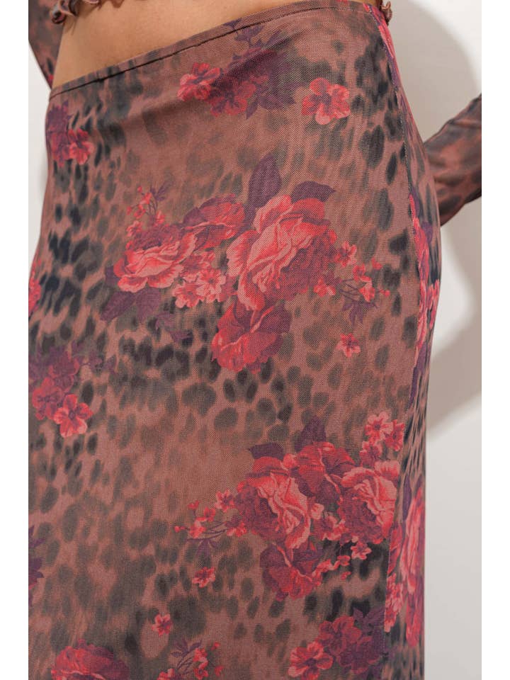 BROWN MULTI FLORAL LEOPARD MESH MAXI SKIRT for wholesale on Faire