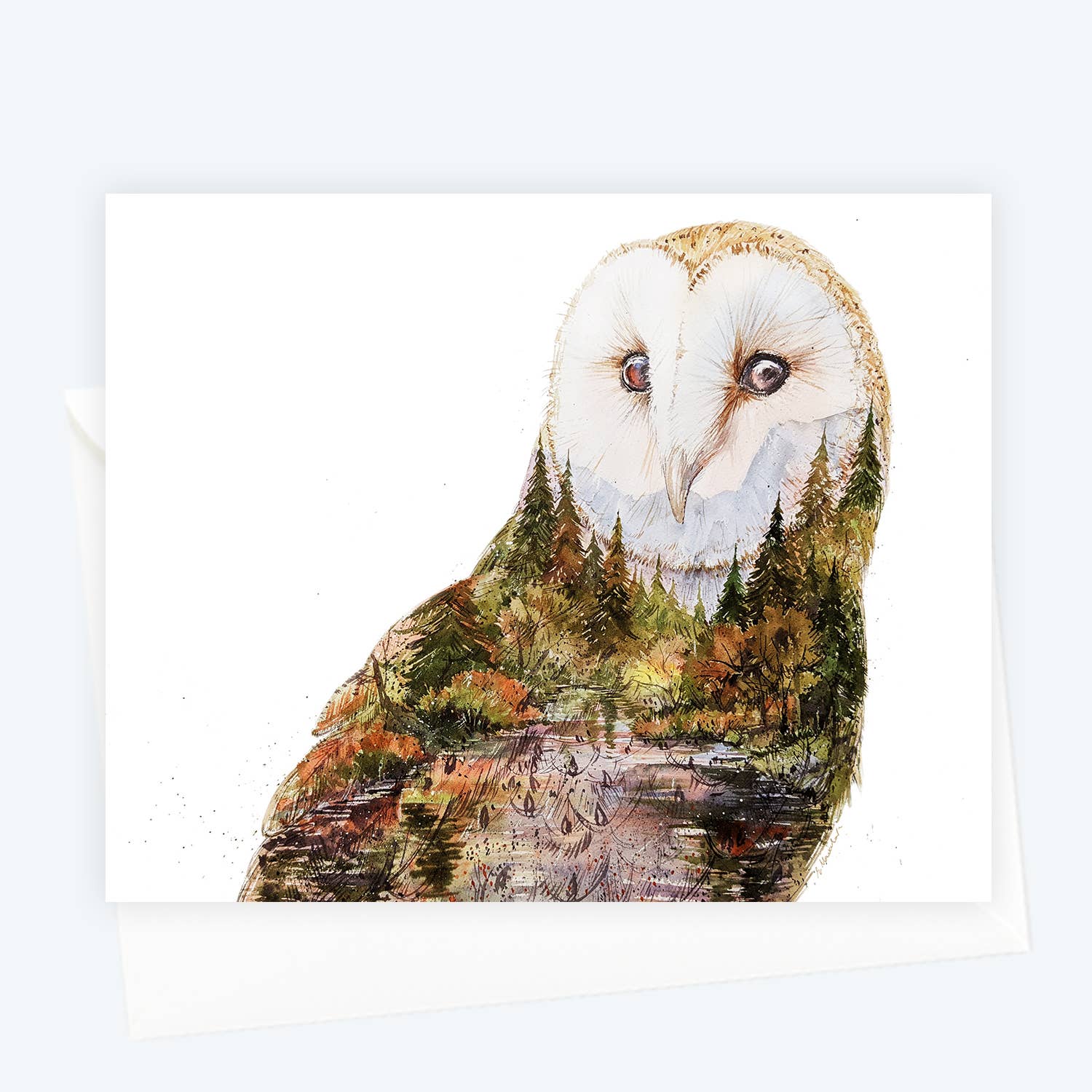 Elena Markelova Arts - Wholesale Everyday Greeting Card - Soul Light - Barn Owl Fall Forest Watercolor Art Card0