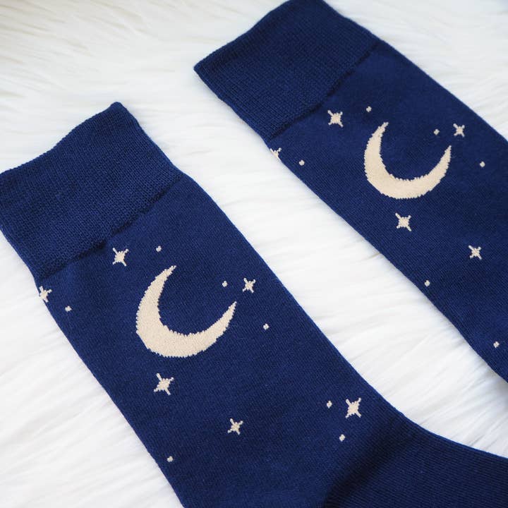 LiteraryEmporium – wholesale Socks – Women's – Midnight Readers Club Book Lover Blue Cotton Socks Moon Star3