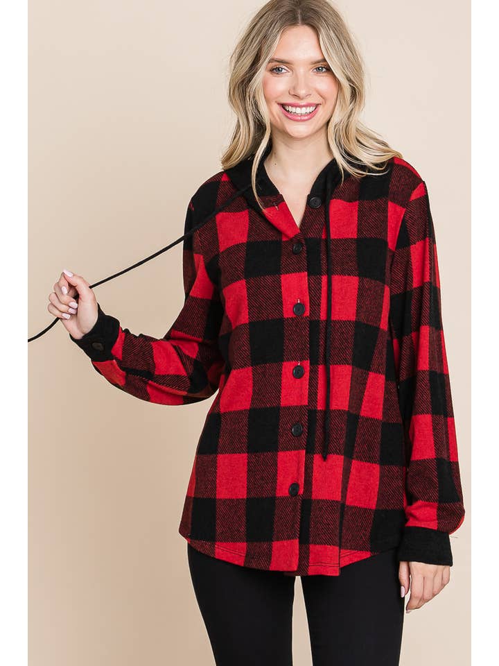 Red Black ETK-8622-PL Plus Size Buffalo Plaid Button Up Jacket for wholesale on Faire