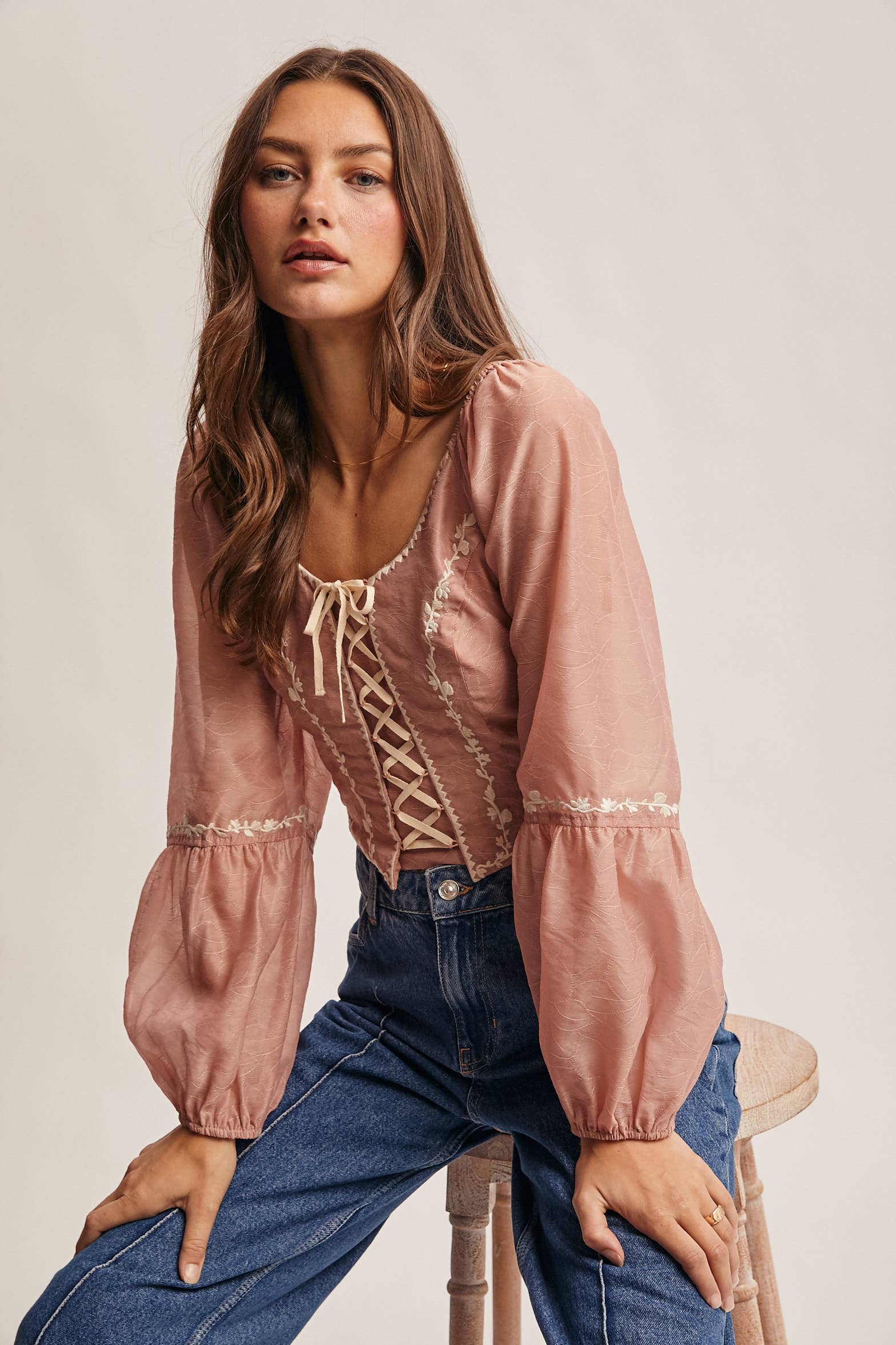 Forte - Wholesale Blouse - Women's - Lace-Up Embroidered Puff Sleeve Top FT0007 6