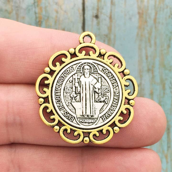 Treasure Island - Wholesale Individual Charm/Pendant - St Benedict Pendant Charm, Silver and Gold1