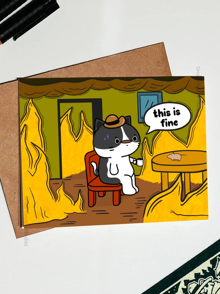 This is Fine Greeting Card, (Not Fine) Funny Internet Meme for wholesale by Small Noggin Studios