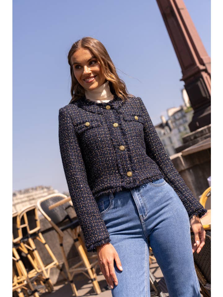 Attentif Paris - Wholesale Blazer – Women's - Cropped crew neck fitted tweed blazer jacket9