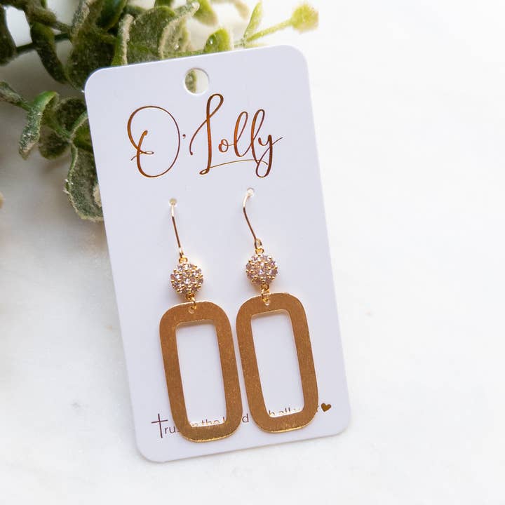 Gold Open Rectangle Earrings w/CZ Round Connector “Clara” for wholesale by O’Lolly Jewelry