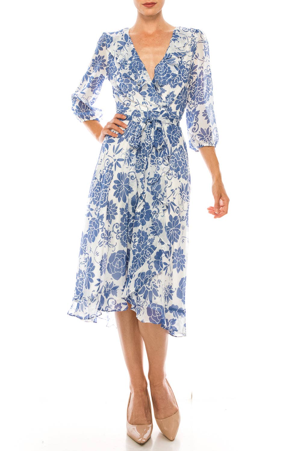 Maison Tara Ivory Slate Floral 3/4 Sleeve Wrap Style Midi Dress for wholesale on Faire1