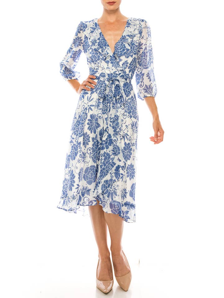 Maison Tara Ivory Slate Floral 3/4 Sleeve Wrap Style Midi Dress for wholesale on Faire1