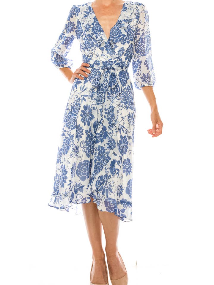 Maison Tara Ivory Slate Floral 3/4 Sleeve Wrap Style Midi Dress for wholesale by New Yorker's Apparel