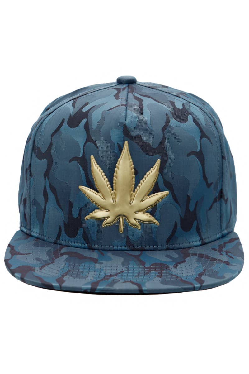 Cap Zone - Wholesale Flat Brim Cap - Men's - Gold Marijuana Leaf Embossed Camo Polyester Fabric Snapback10