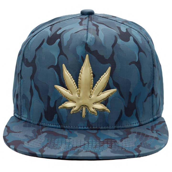 Cap Zone - Wholesale Flat Brim Cap - Men's - Gold Marijuana Leaf Embossed Camo Polyester Fabric Snapback10