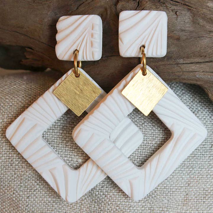 EMERY EARRINGS. WHITE, TEXTURED, POLYMER CLAY EARRINGS for wholesale by Alma Rosa Jewelry