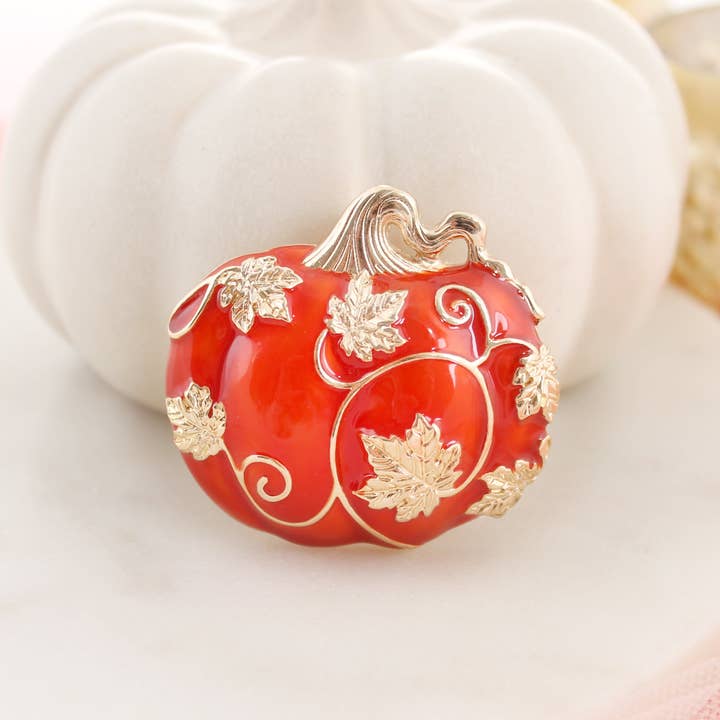 Gold Leaf Filigree Pumpkin Pin/Pendant | Wear as a Brooch or on a Necklace! for wholesale by Seasons Jewelry