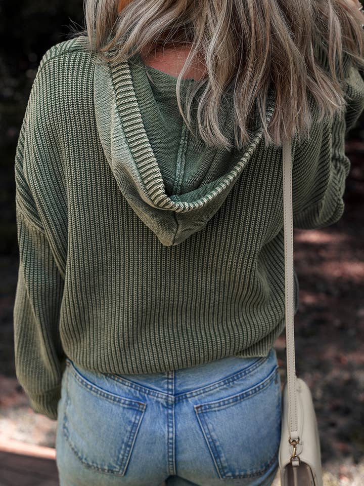 Mist Green Mineral Wash Ribbed Knit Button Drawstring Neck Hooded Sweater for wholesale on Faire1