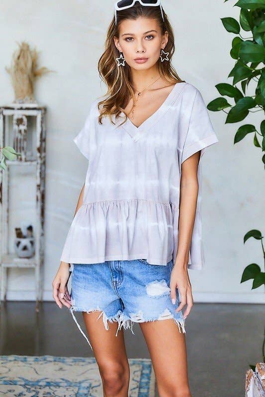 GREY V Neck Drop Shoulder Baby Doll Tie-Dye Top for wholesale on Faire10