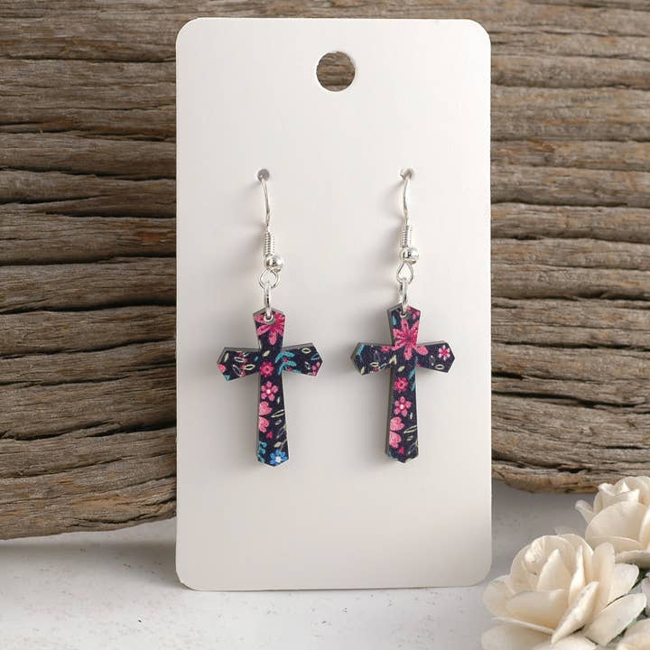 Cross Earrings | Black Floral Dangle Post Acrylic for wholesale by Rocky Mountain Shops
