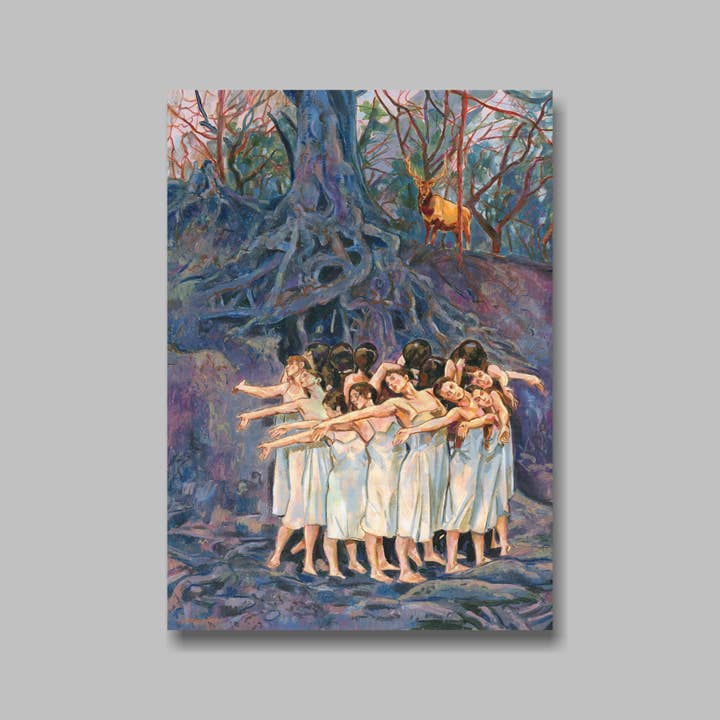 Impressão artística DIN A5, mulheres na floresta, mulher, veado, postal por atacado de Atelier No.1