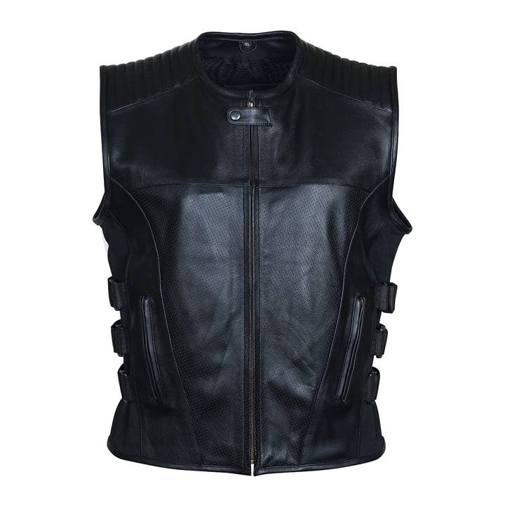 Men's Swat Style Cowhide Leather Vest Tactical Black Stretch for wholesale by Matchless York