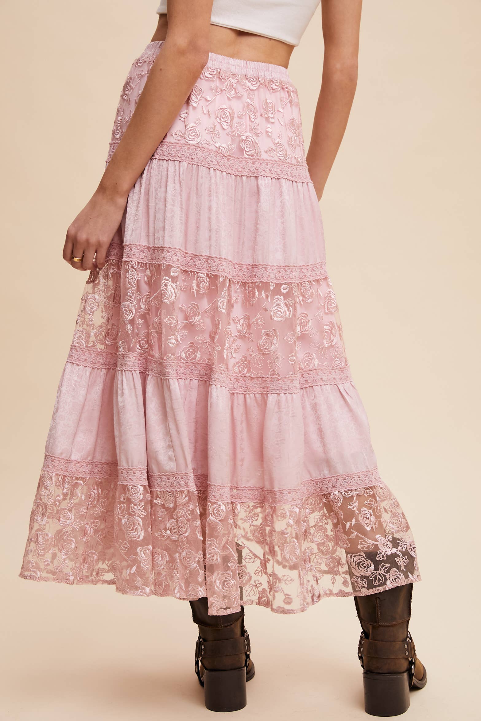 Listicle - Vente Jupe – femme - Jupe longue à volants brodée de fleurs5