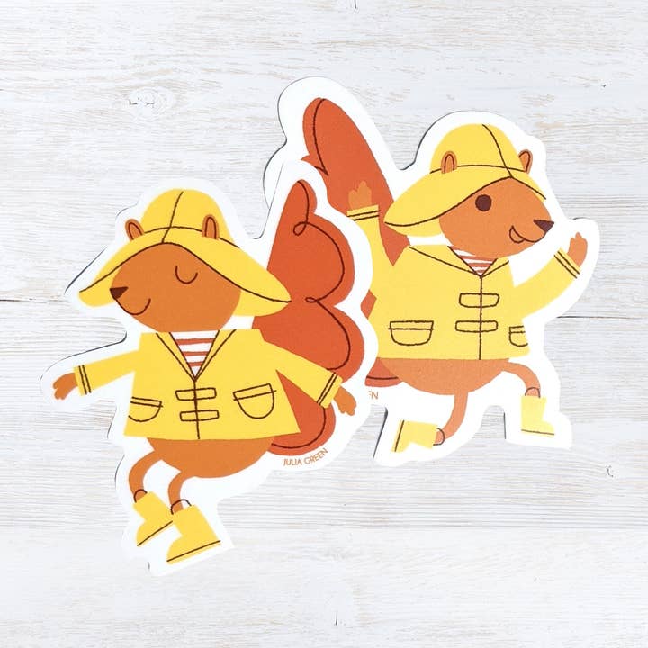 Matte Vinyl Weather-Proof Sticker – Rainy Day Squirrels for wholesale by Julia Green Illustration