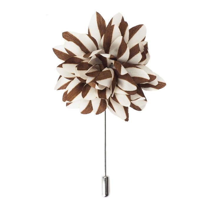 Silk Flower Lapel Pin, Brown and White Stripes for wholesale by Mrlapel