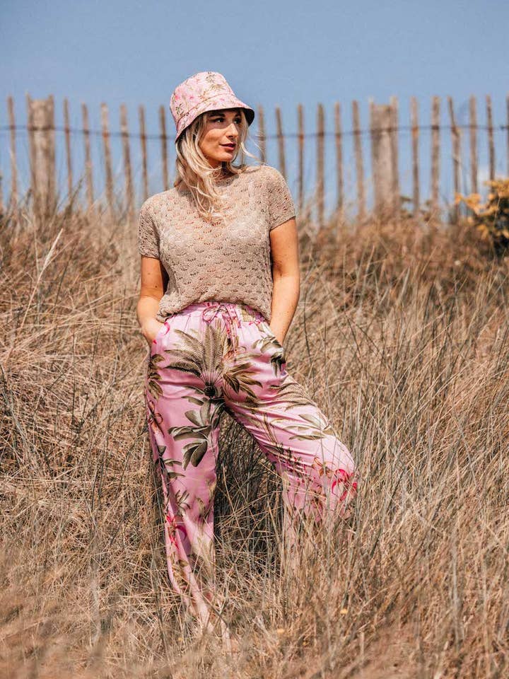 MAXENCE - Pink Floral Print Fluid Trousers for wholesale by LES BLONDINETTES