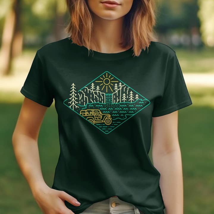 Adventure Outdoors T-Shirt, Mountain Waterfall Graphic Tee, Nature Explorer Shirt, Men's Adventure Apparel, Wilderness SUV Design Top for wholesale by Howlydog Studios