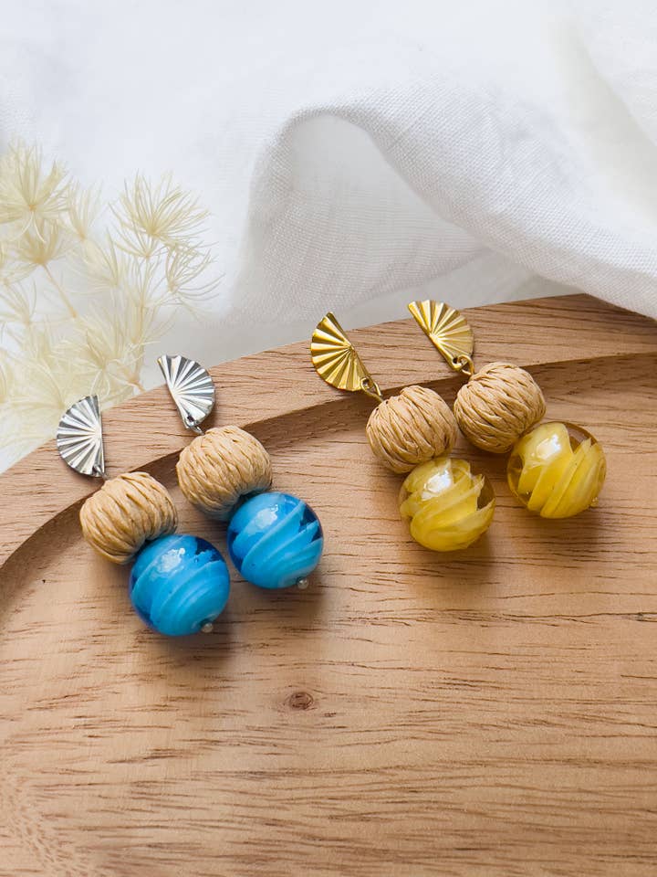 Col K ✦ Yellow and blue glass bead earrings for wholesale by KLAEI DESIGN STUDIO